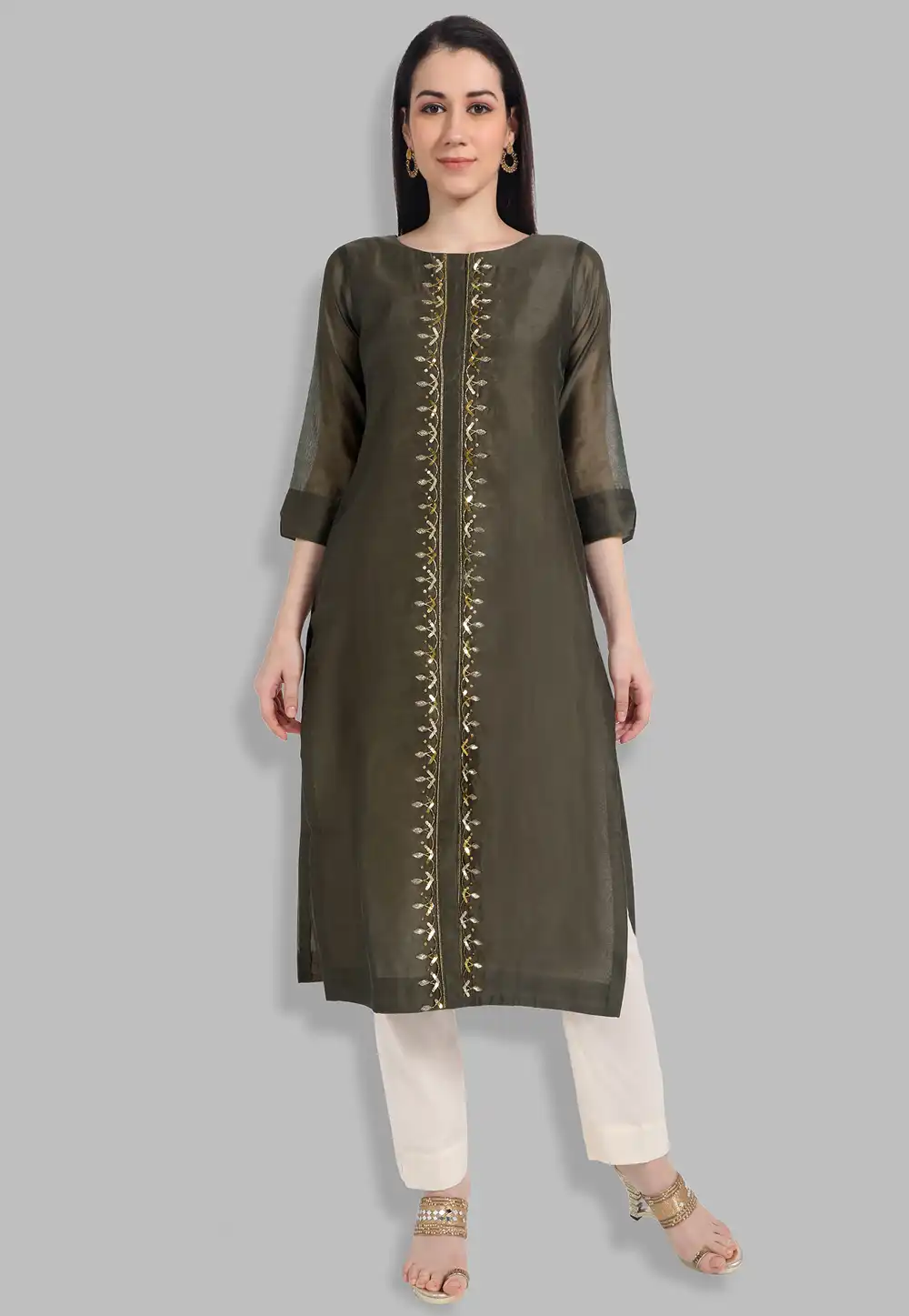 Chanderi Silk Readymade Handwork Kurti In Mehndi 212122