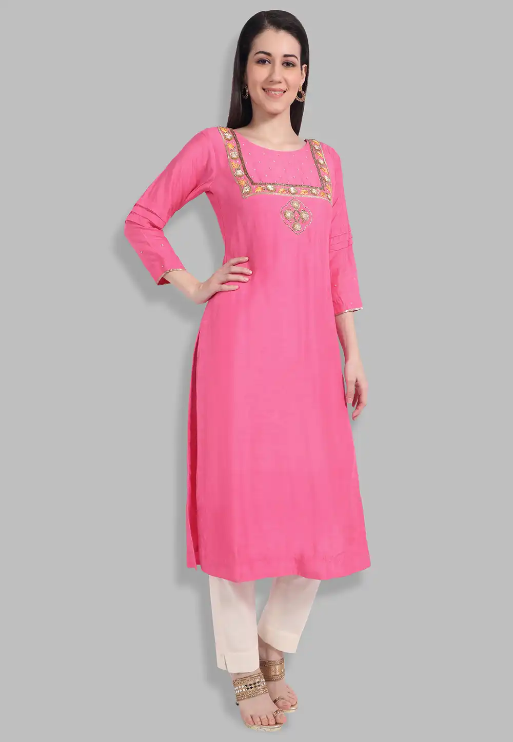 Pink Muslin Readymade Handwork Kurti 212123
