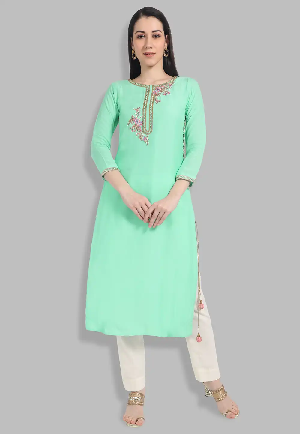 Light Green Muslin Readymade Handwork Kurti 212124