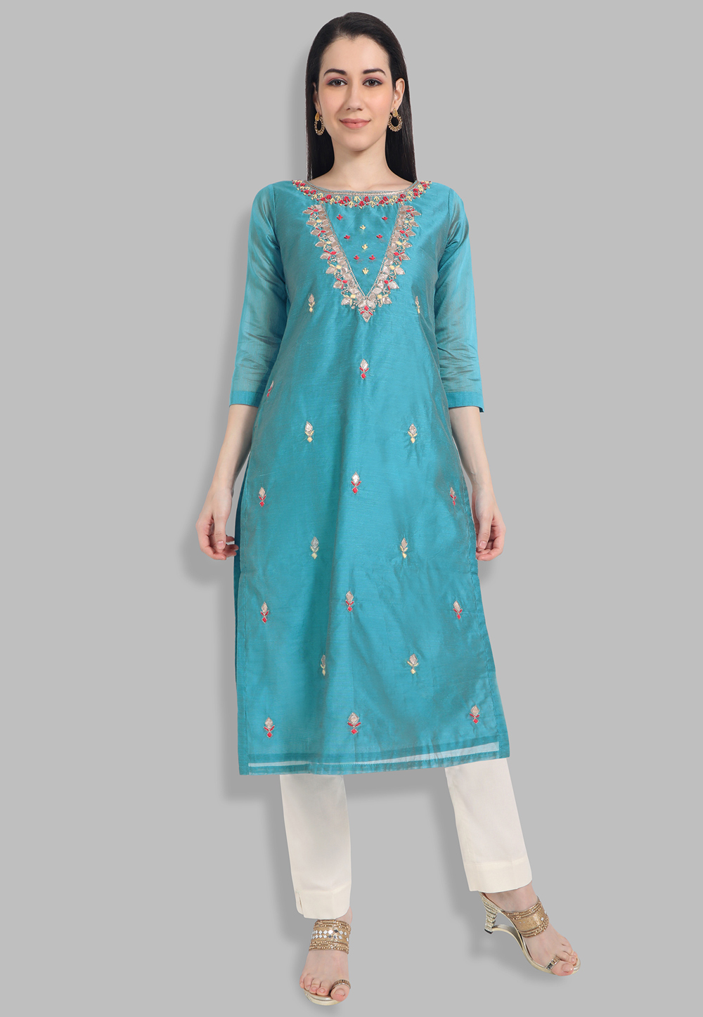 Blue Chanderi Silk Readymade Handwork Kurti 212125