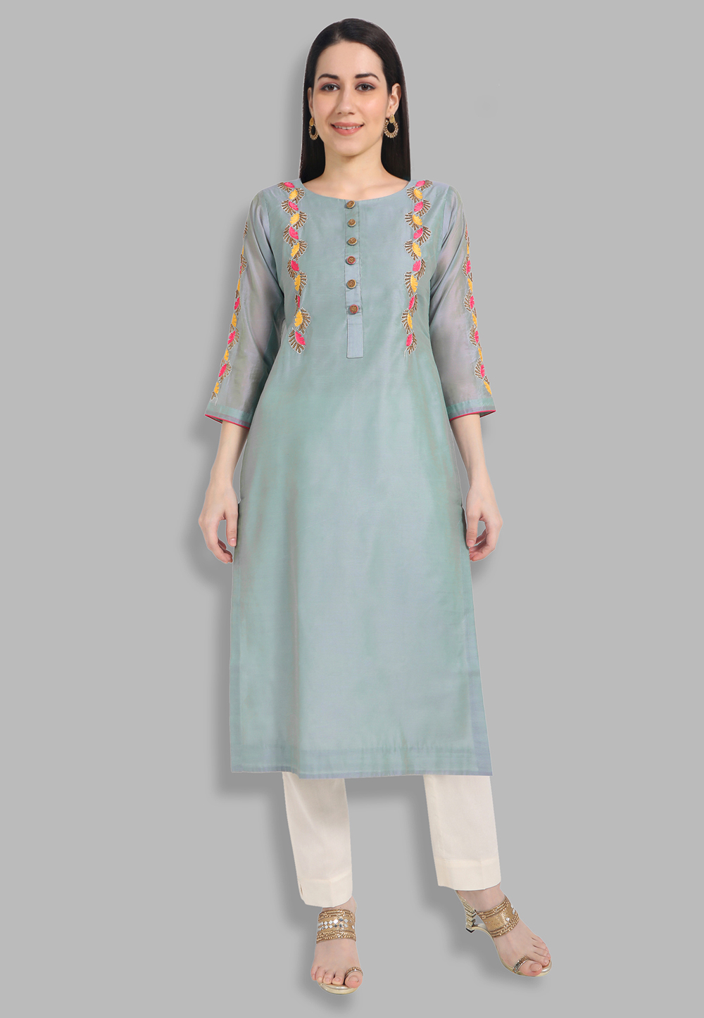 Chanderi Silk Handwork Kurti In Grey 212127