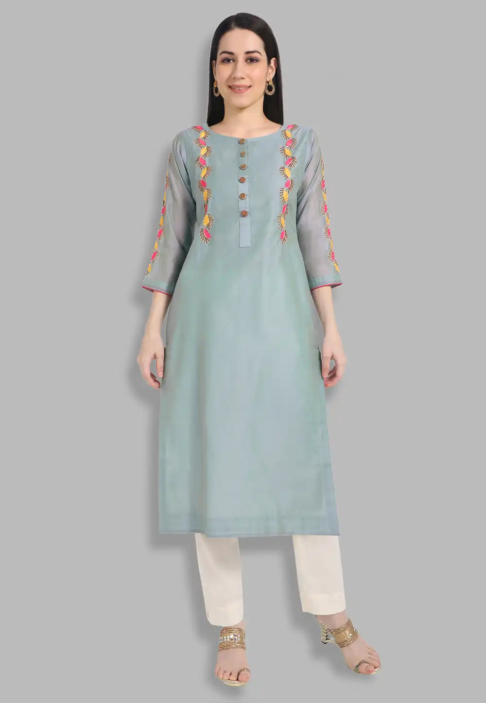 Chanderi Silk Handwork Kurti In Grey 212127