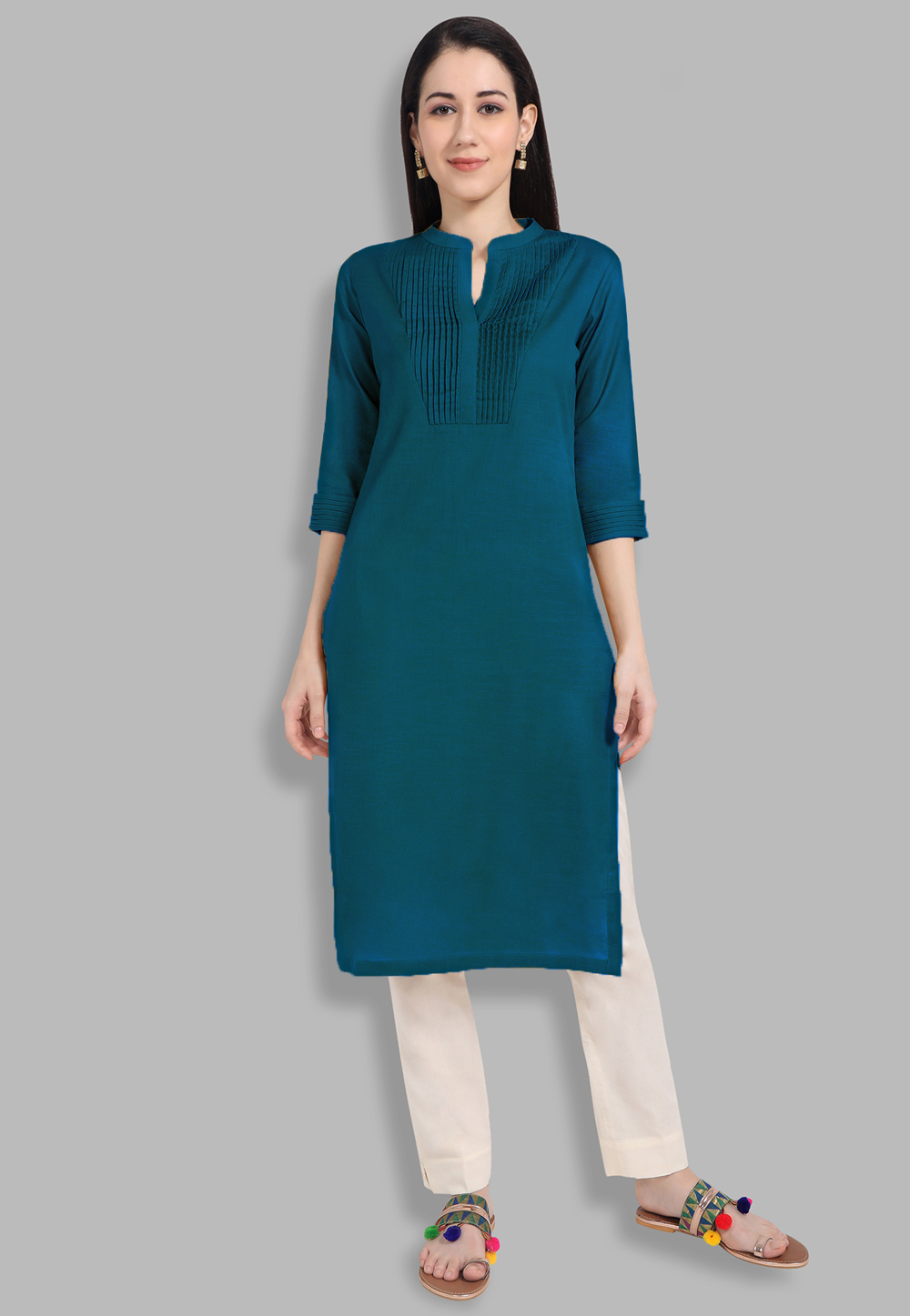 Teal Cotton Kurti 218793