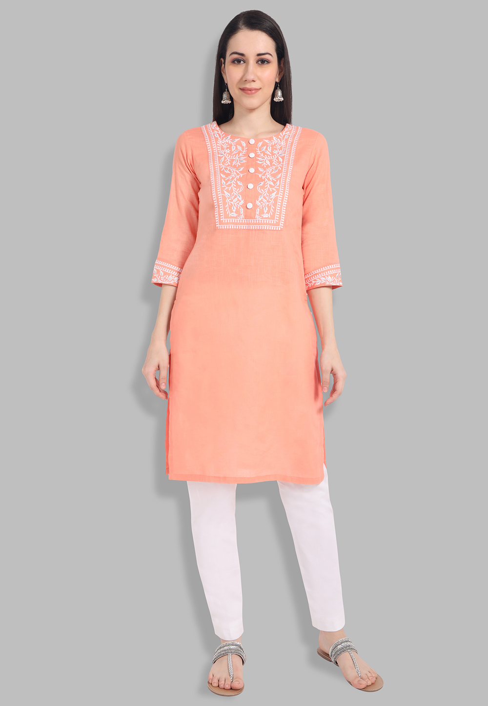 Peach Cotton Straight Kurti for Women