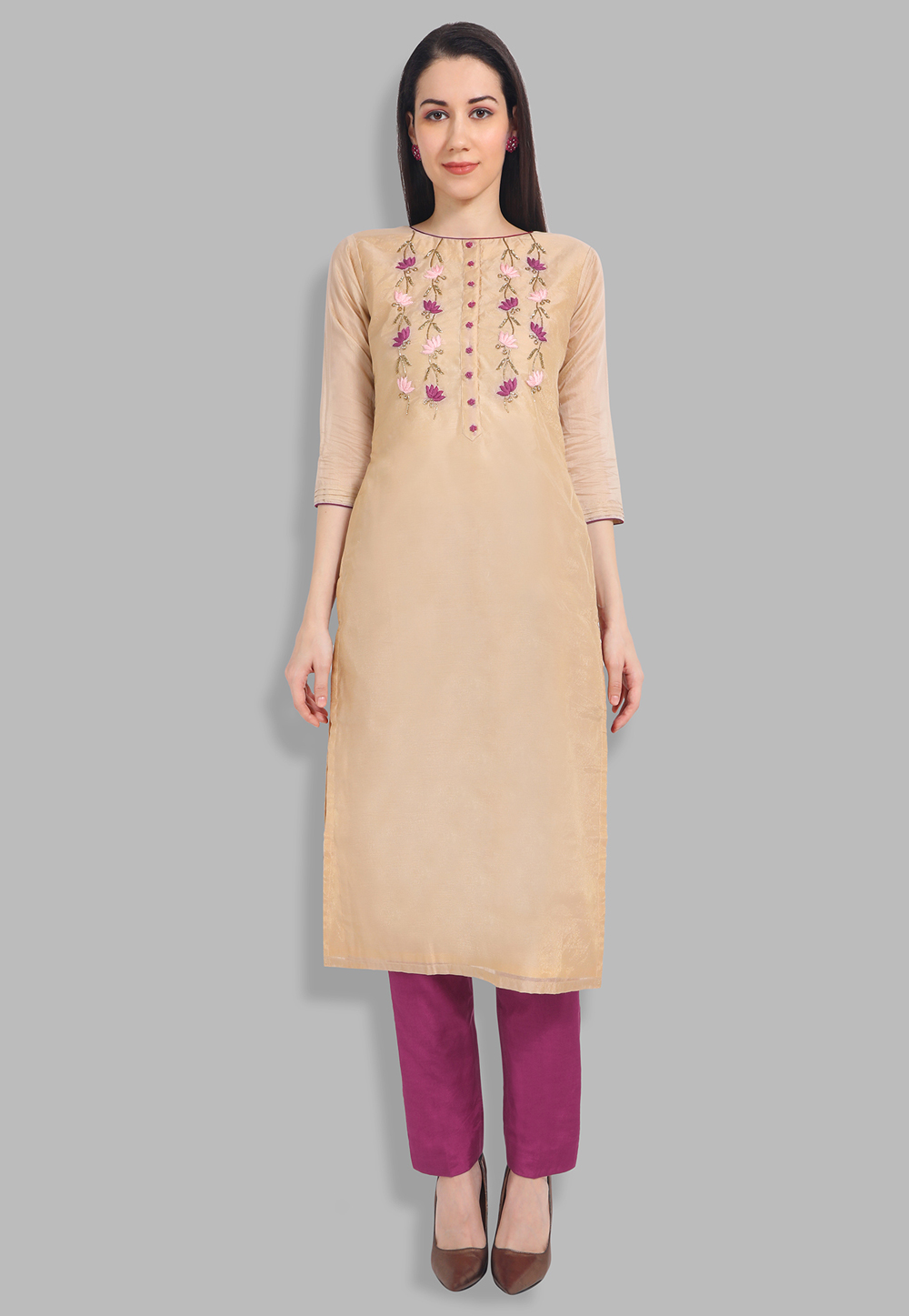 Beige Chanderi Silk Readymade Handwork Kurti 212137