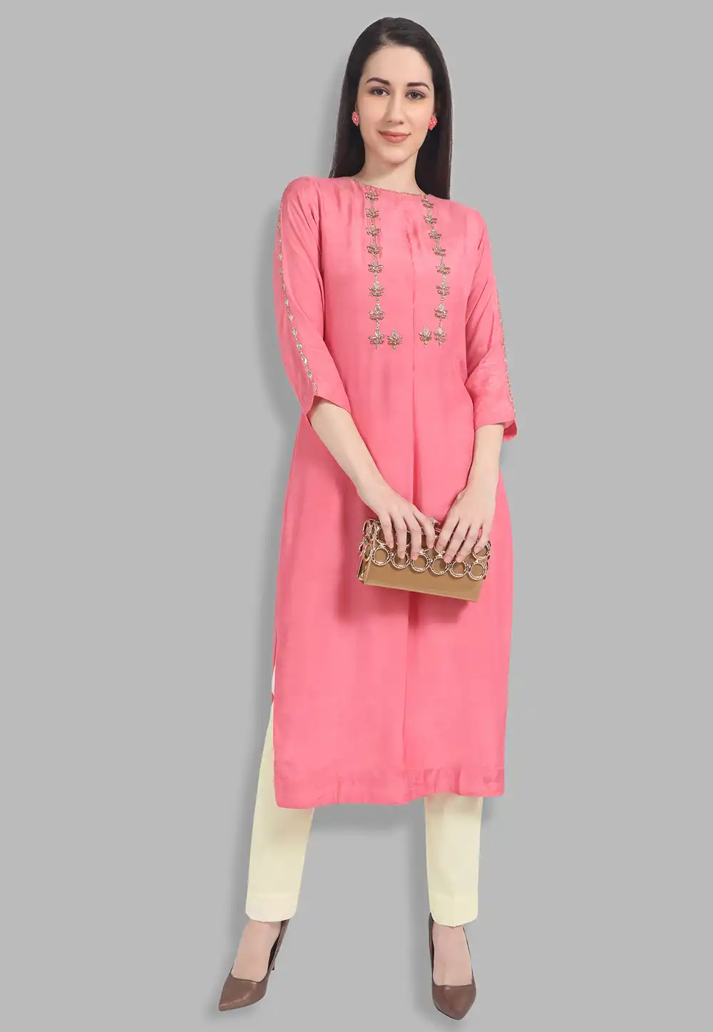 Pink Chanderi Silk Readymade Handwork Kurti 212139