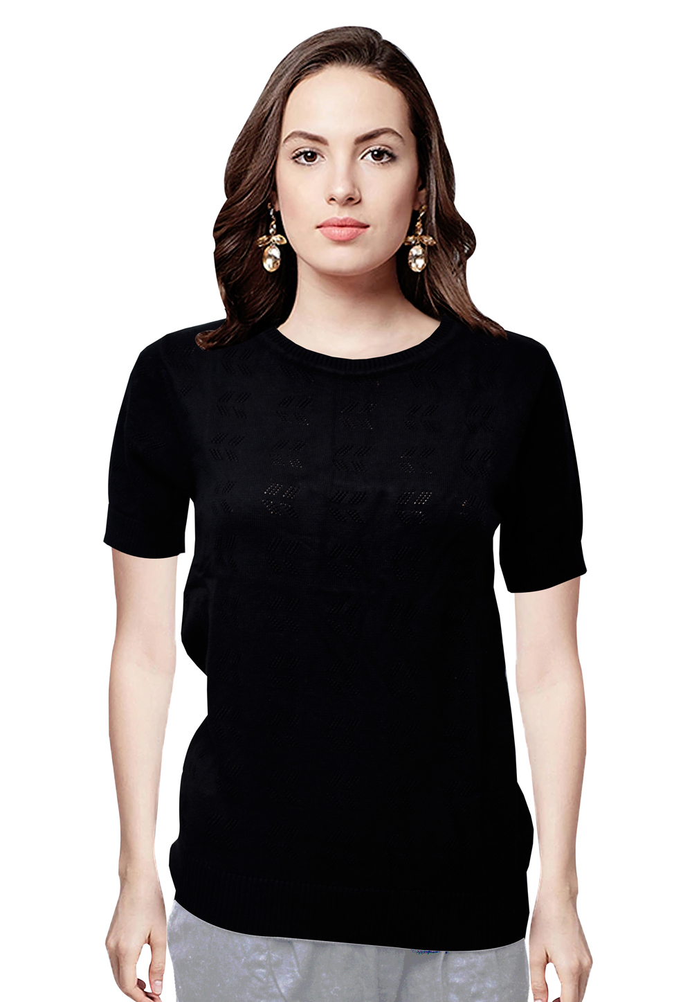 Black Woolen Knitted Tops 214241