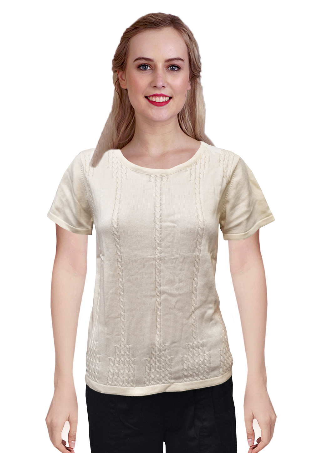 Off White Woolen Knitted Sweater Tops 214246
