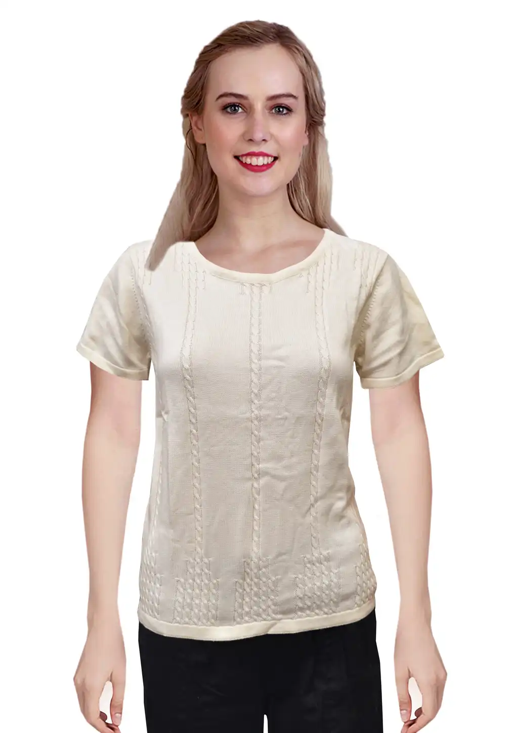 Off White Woolen Knitted Sweater Tops 214246