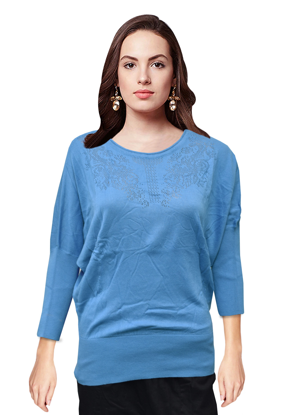 Sky Blue Woolen Knitted Tops 214247