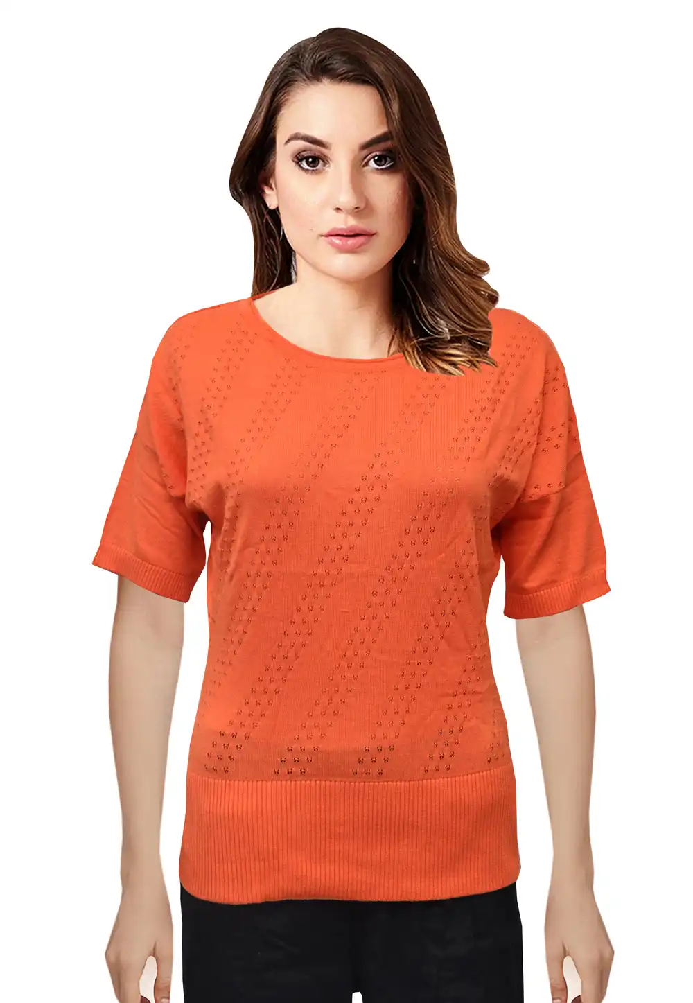 Orange Knitted Sweater Tops 214248