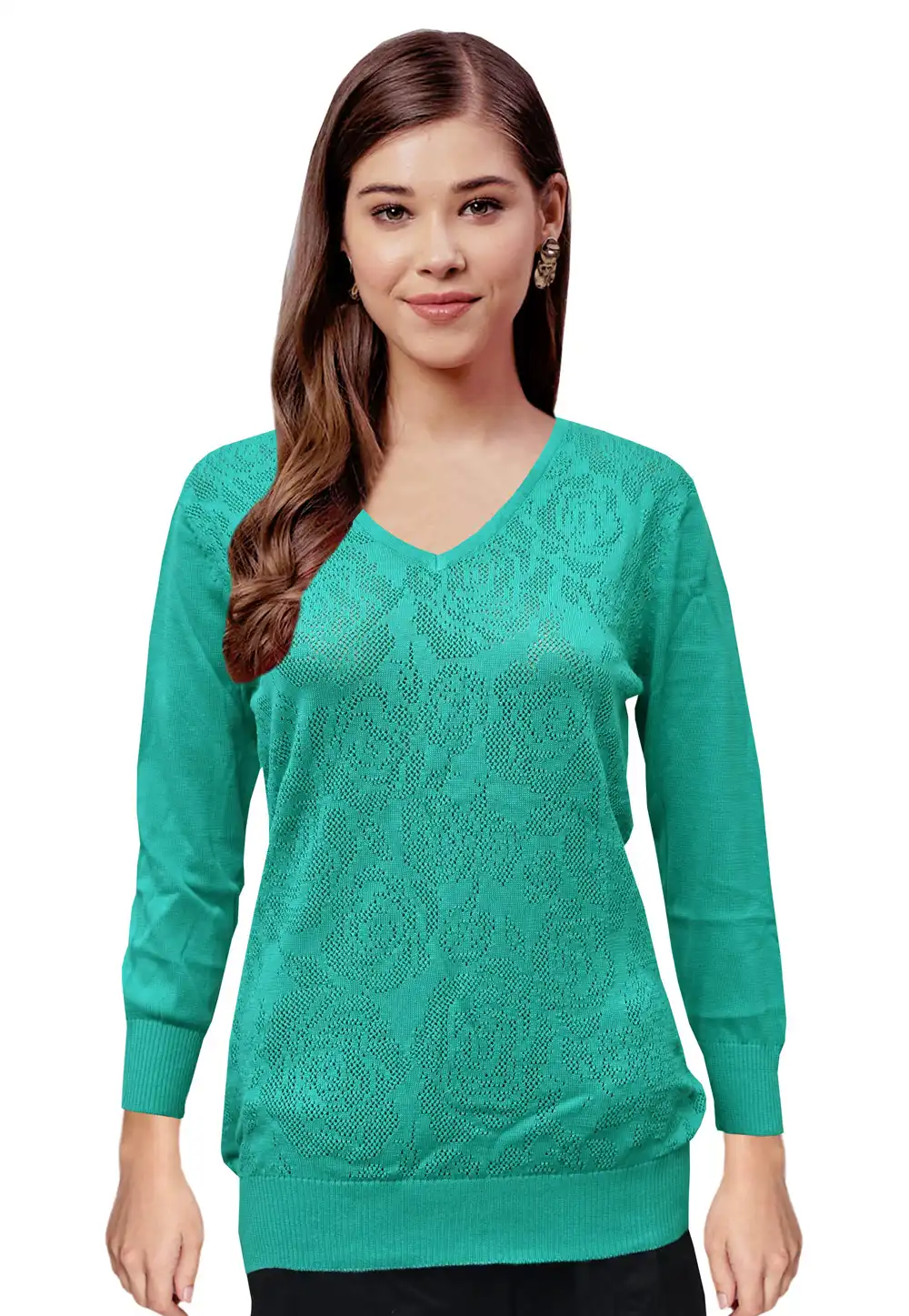 Turquoise Woolen Knitted Sweater Tops 214255