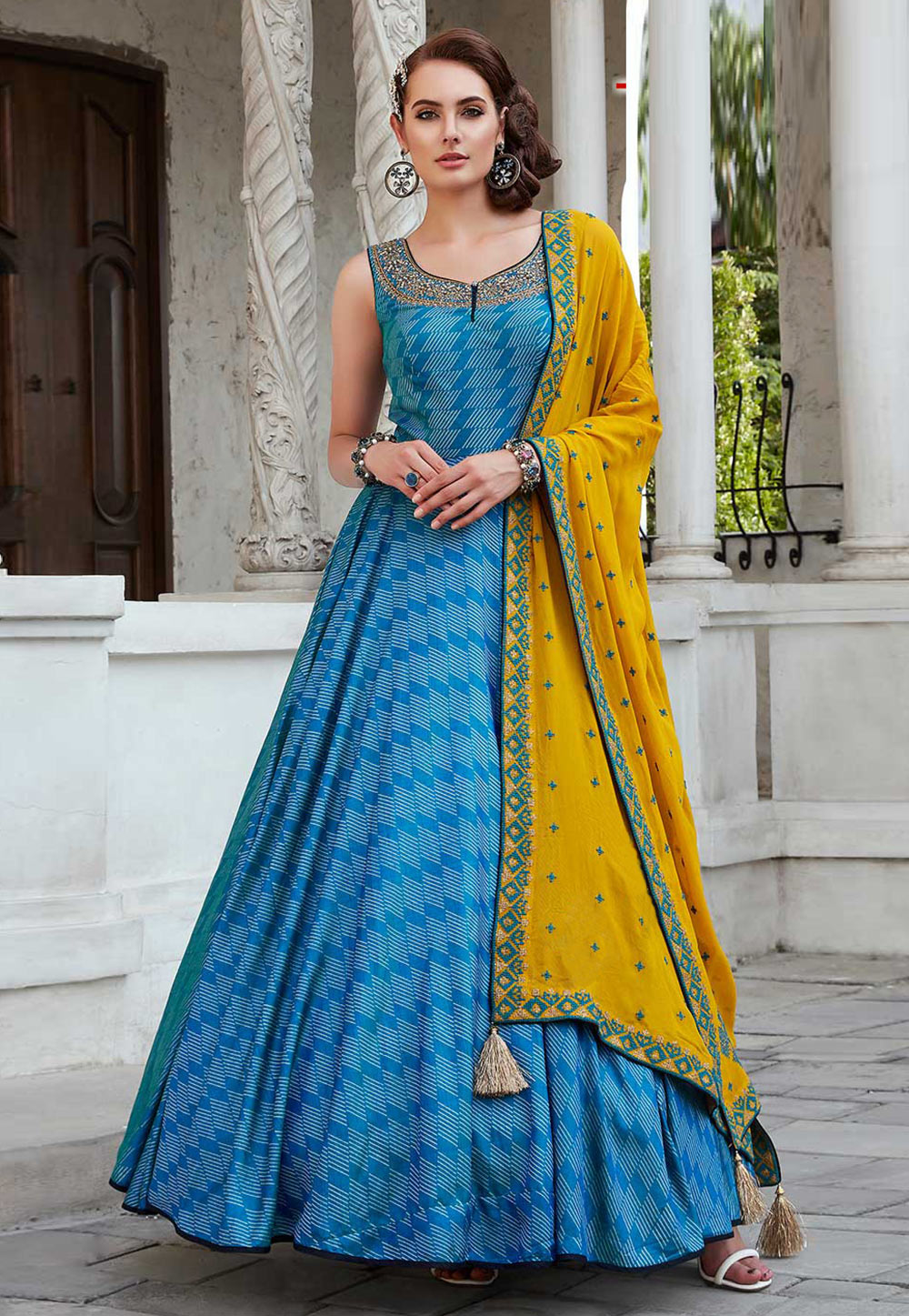 Blue Cotton Silk Readymade Ankle Length Anarkali Suit 200890