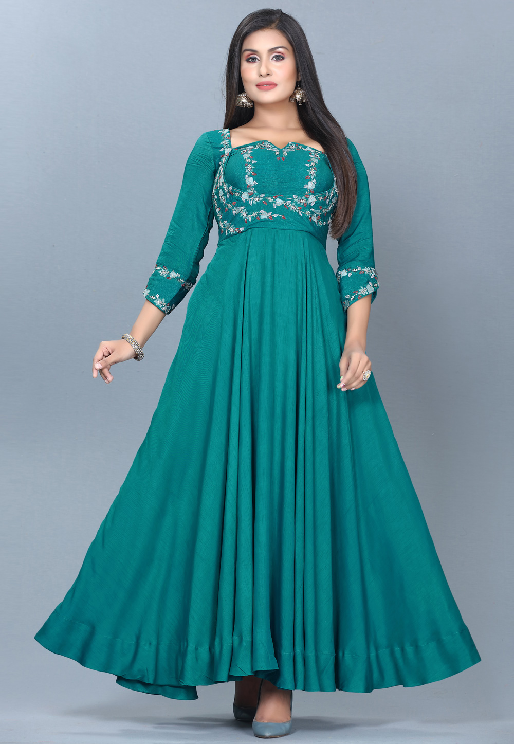 Teal Silk Embroidered Party Wear Gown 227280