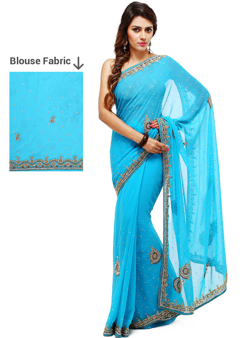 Sky Blue Georgette Stone Work Saree 88875