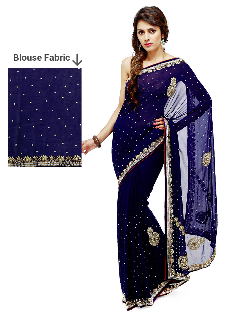 Navy Blue Georgette Stone Work Saree 88878