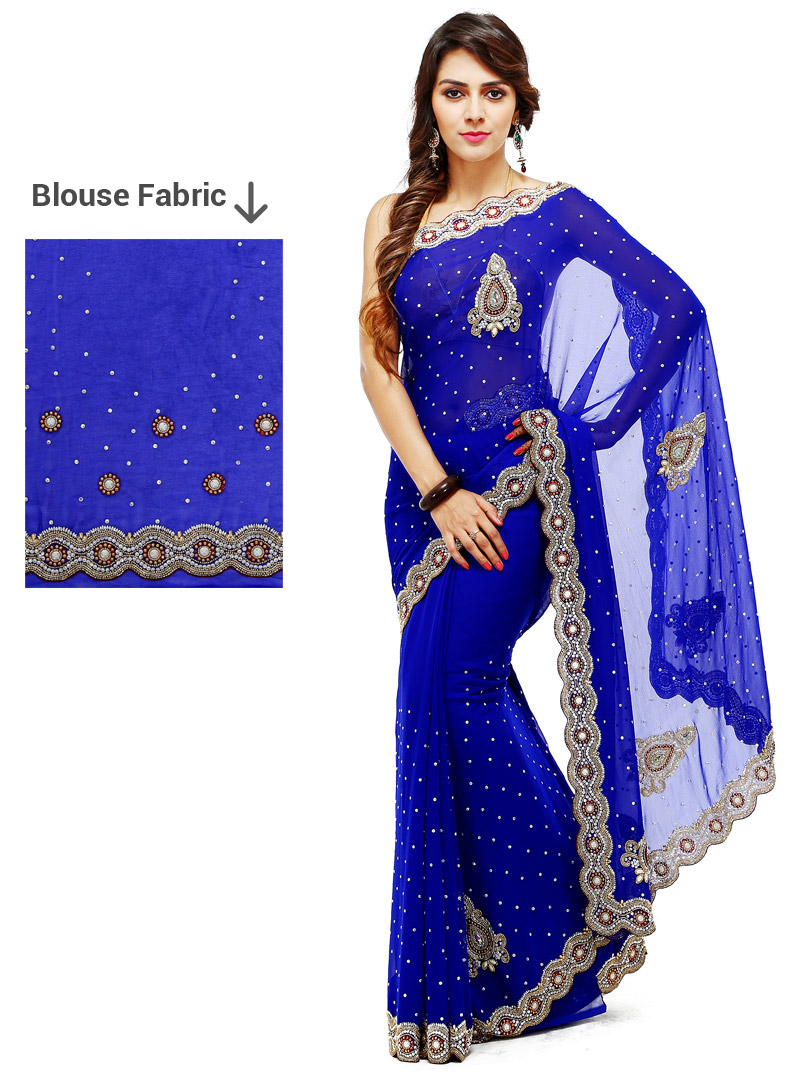 Blue Georgette Patch Lace Work Saree 88882