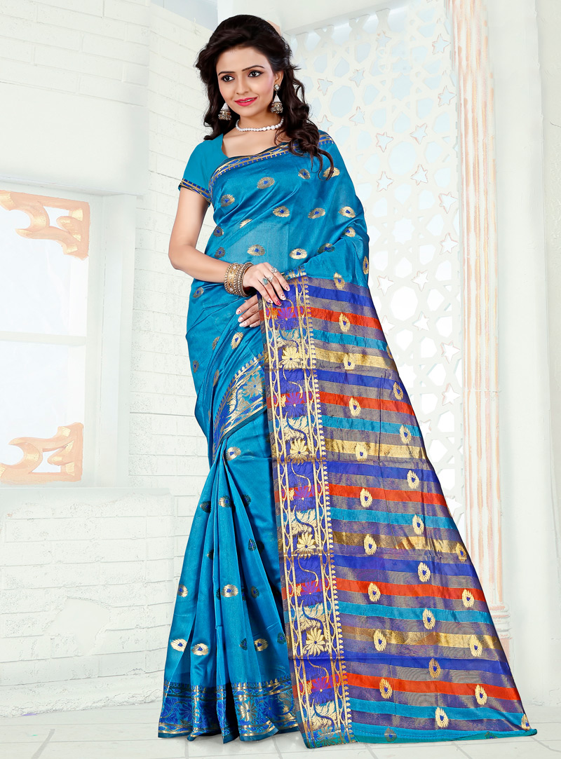 Sky Blue Art Silk Saree With Blouse 121374