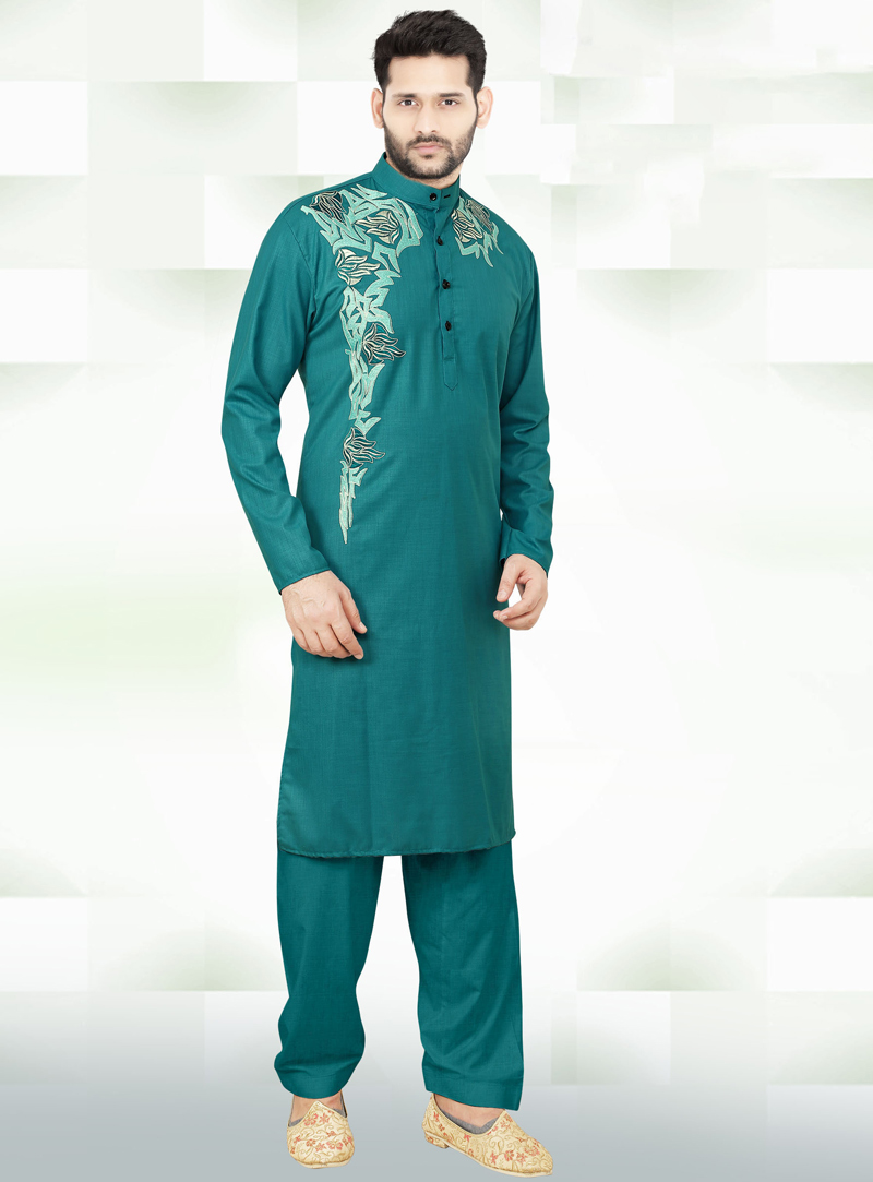 Teal Cotton Readymade Kurta Pajama 139361