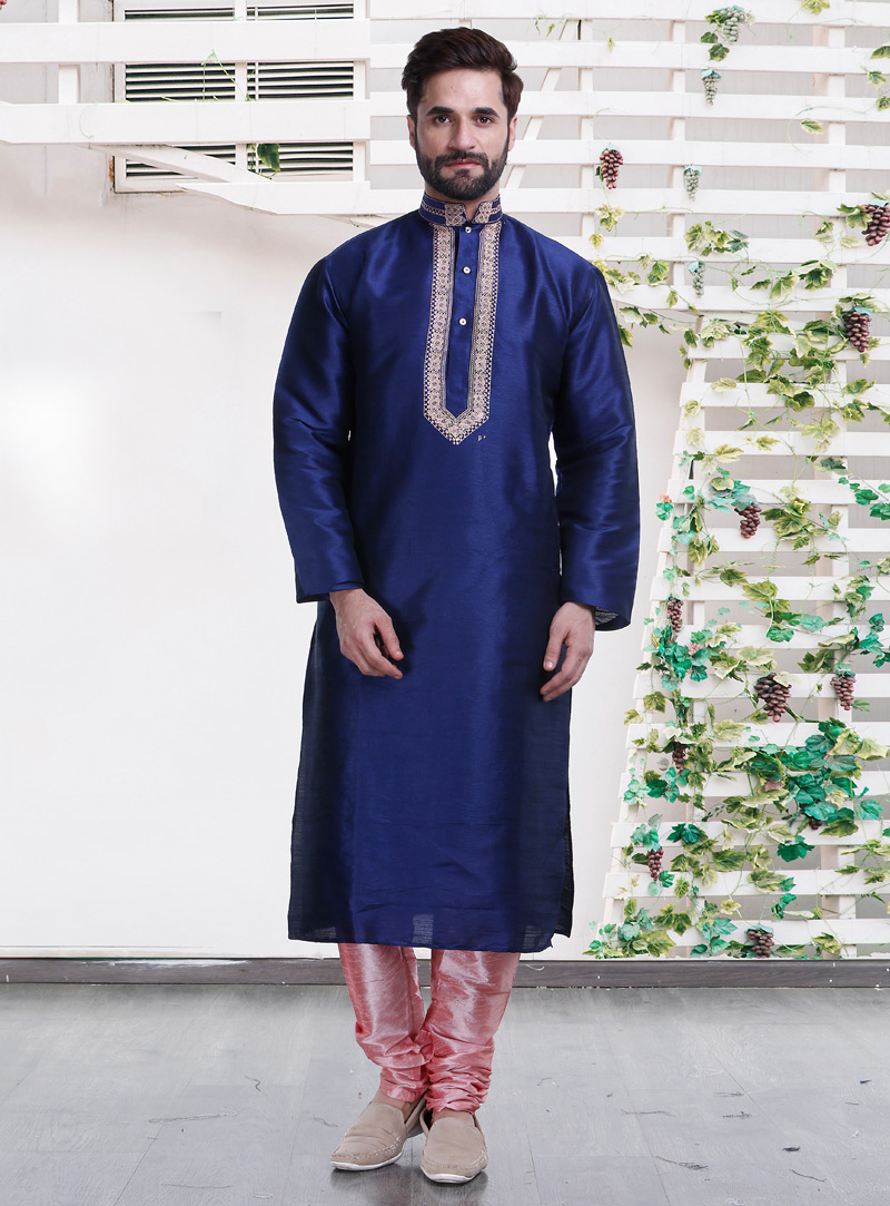 Blue Art Silk Readymade Kurta Pajama 146995