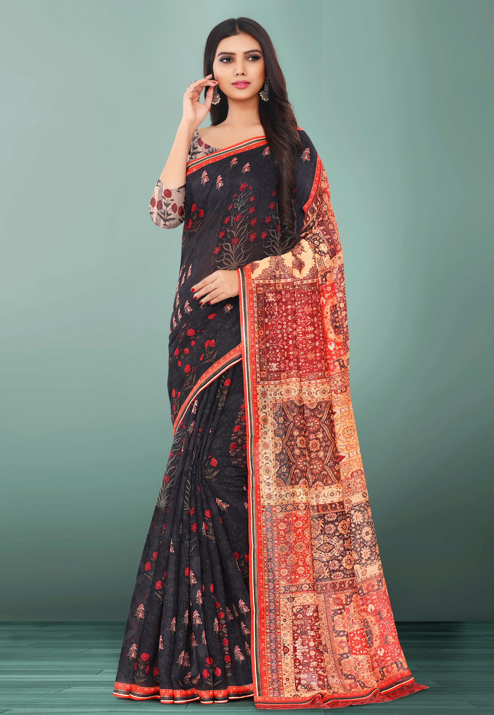 Black Linen Printed Festival Wear Saree 155106