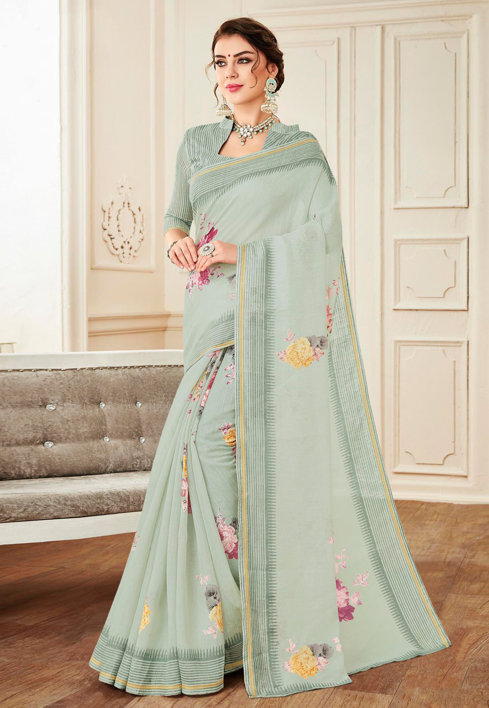 Sea Green Linen Festival Wear Saree 155670