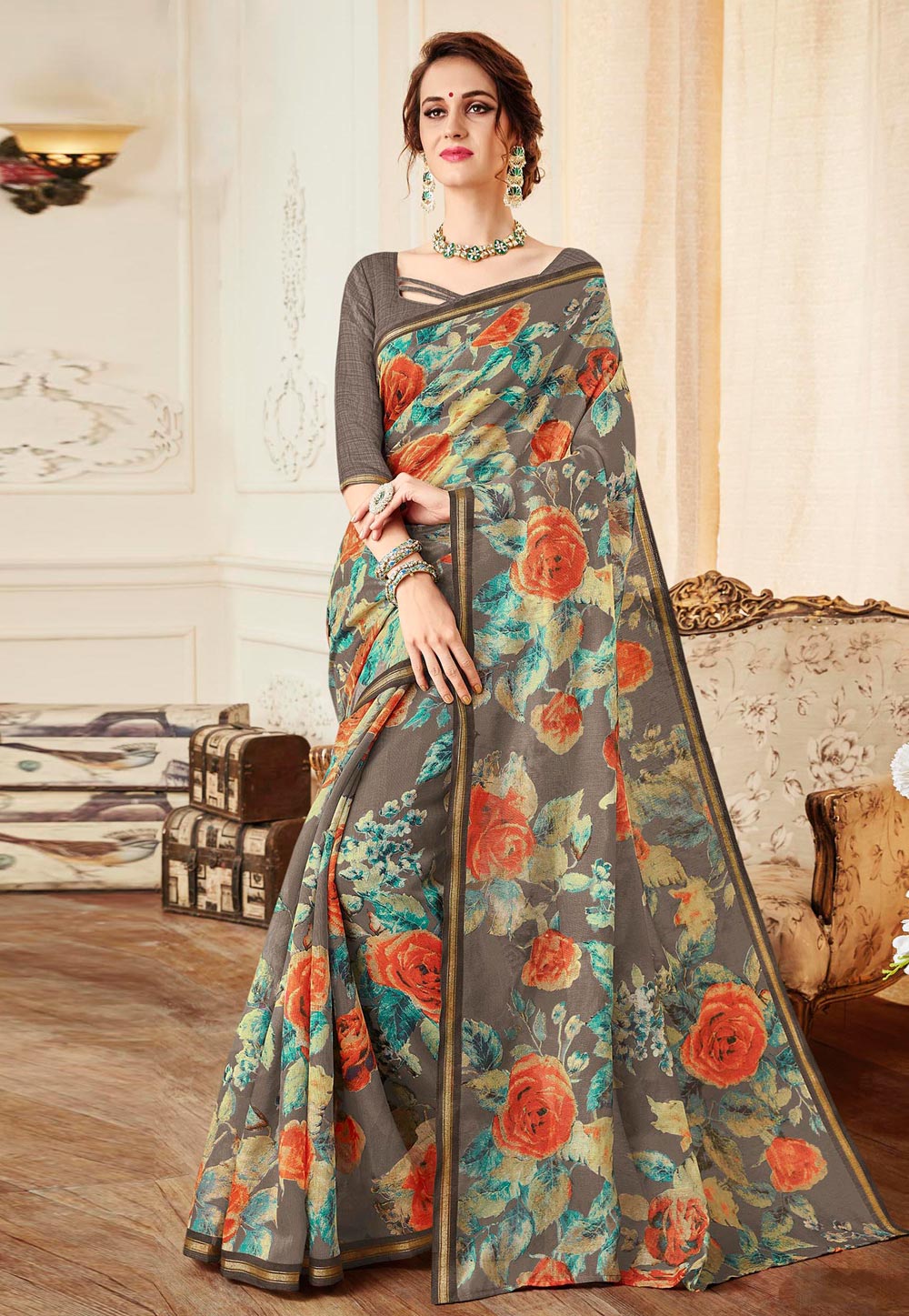 Brown Linen Festival Wear Saree 155674