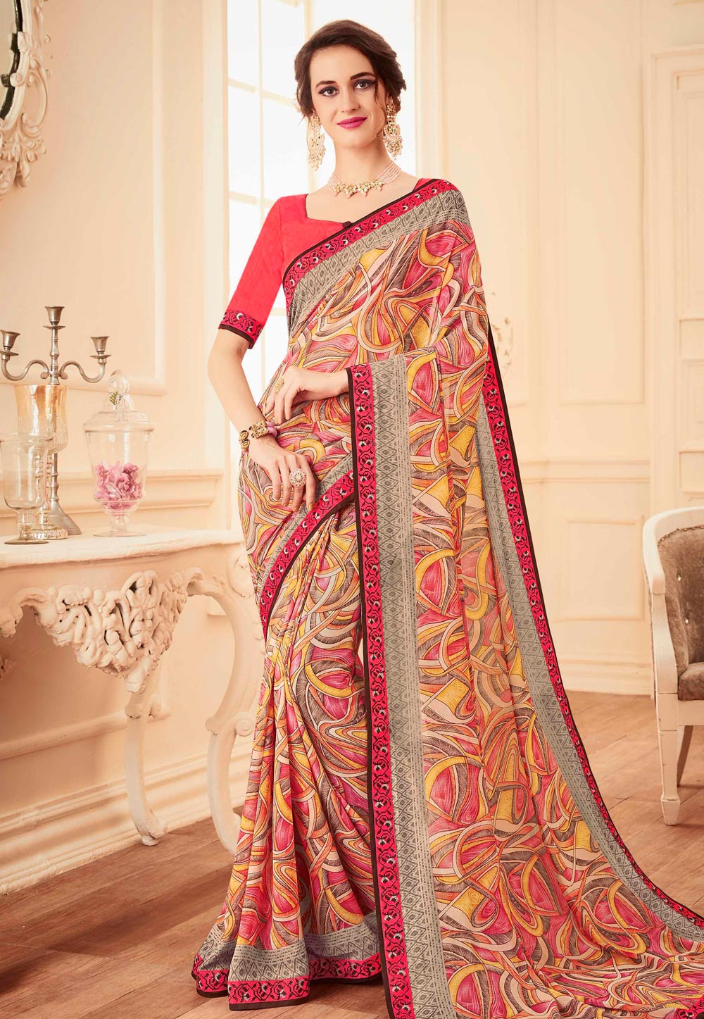 Yellow Faux Georgette Printed Festival Wear Saree 155457