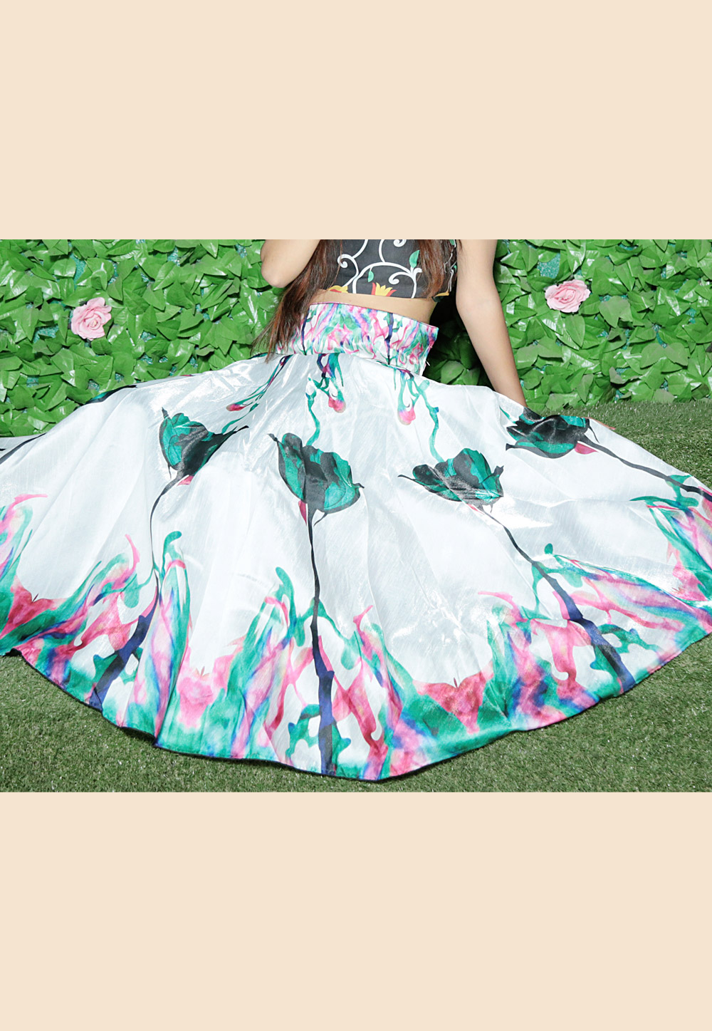 Off White Satin Printed Readymade Skirt 161398