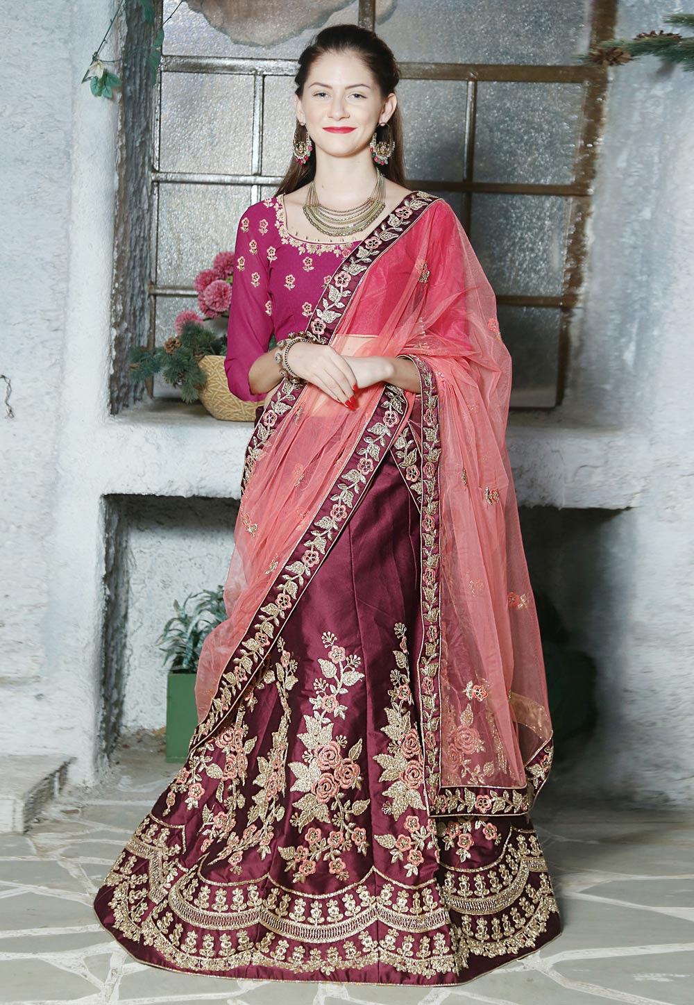 Magenta Silk Embroidered Lehenga Choli 162653