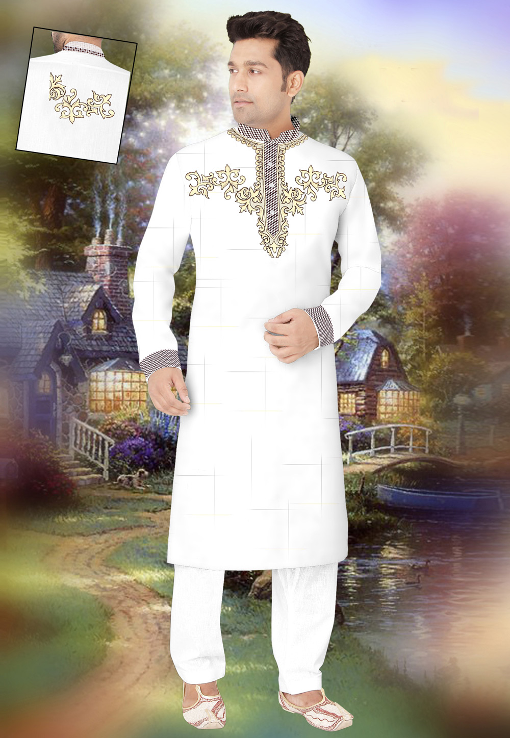 White Cotton Readymade Kurta Pajama 169404