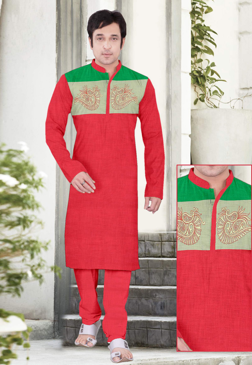 Red Cotton Readymade Kurta Pajama 169408