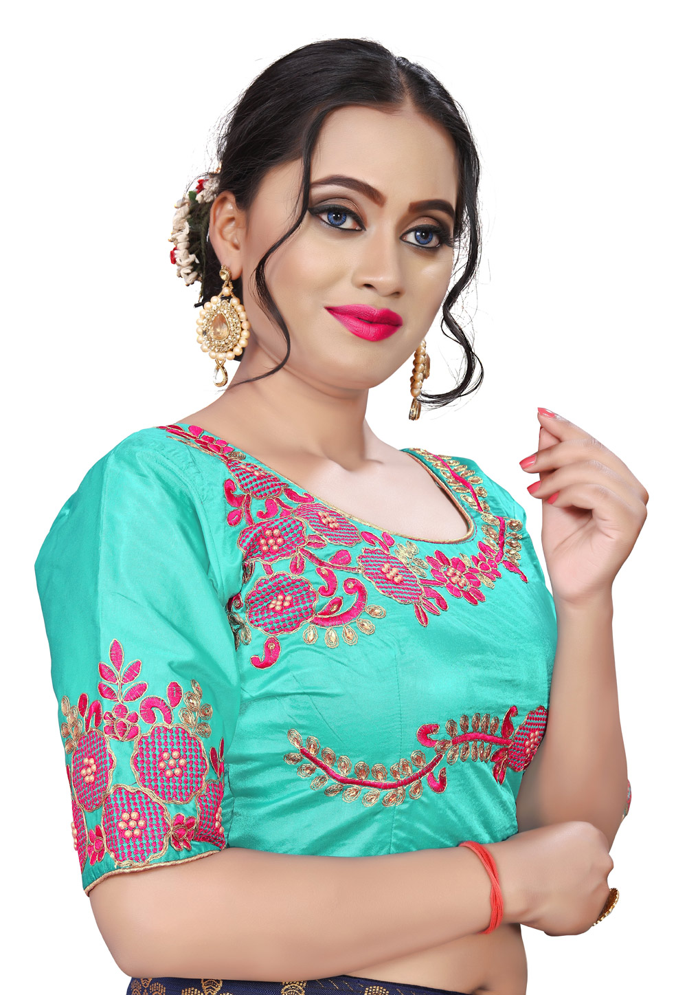 Aqua Silk Embroidered Readymade Blouse 189912