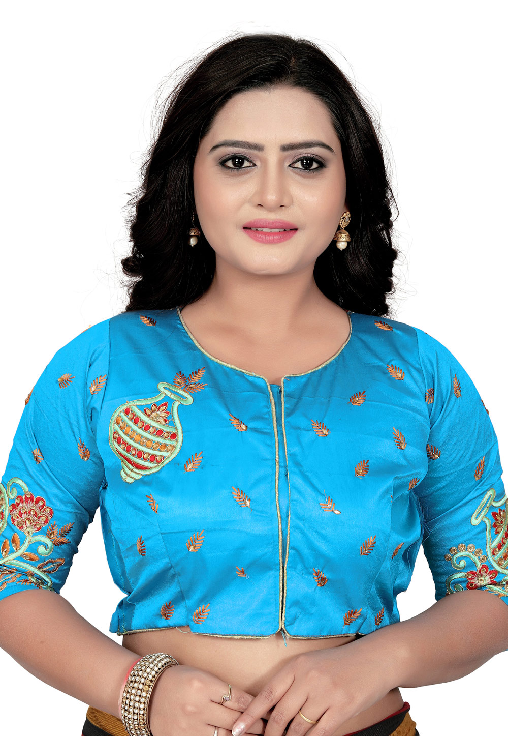Aqua Silk Embroidered Readymade Blouse 189920