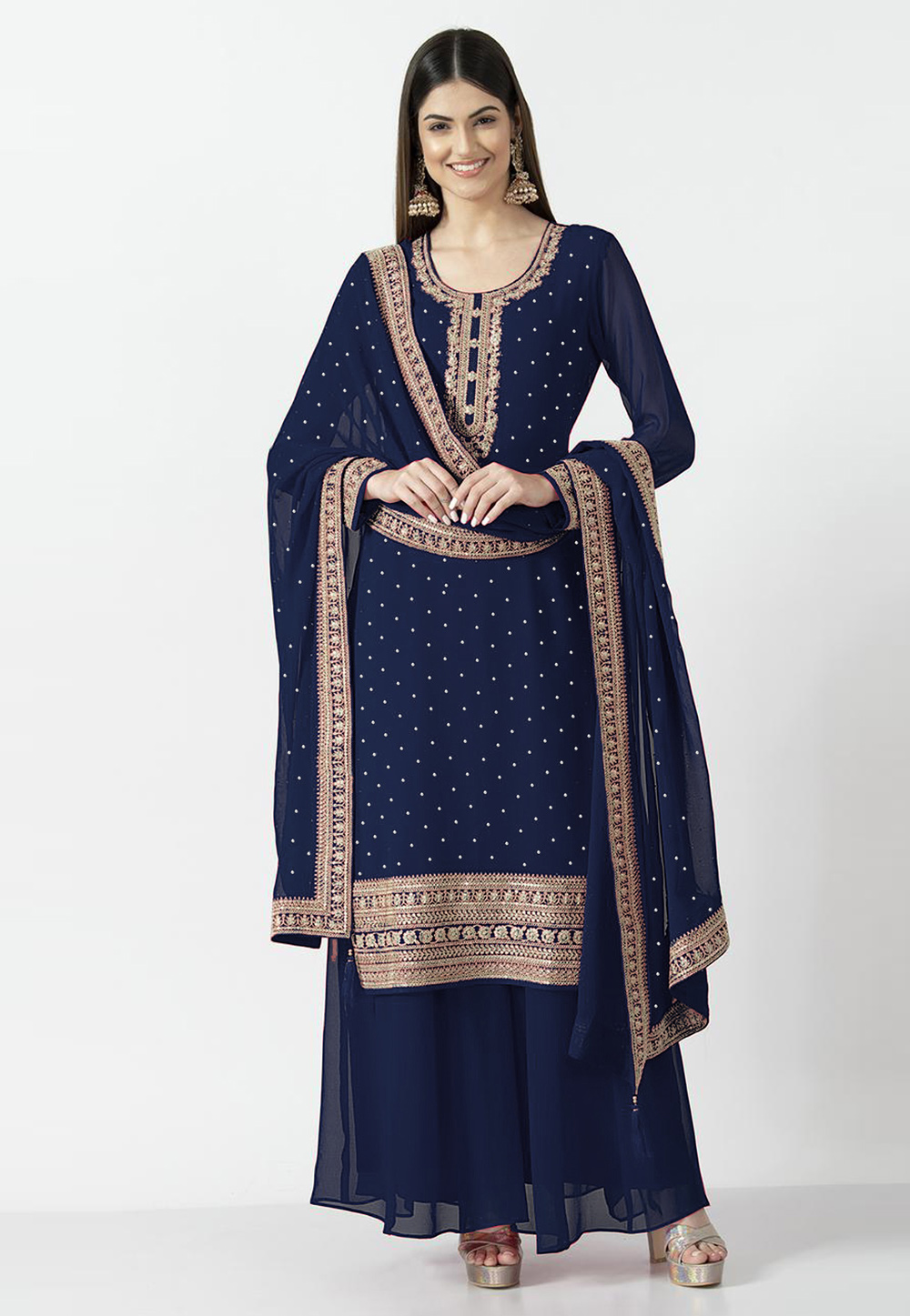 Navy Blue Georgette Readymade Palazzo Suit 269122