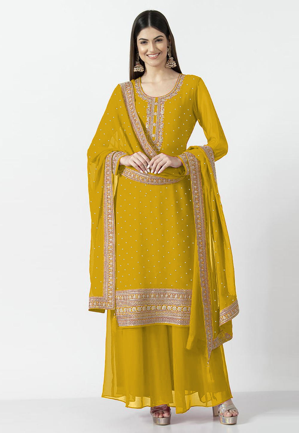Mustard Georgette Readymade Palazzo Suit 269124