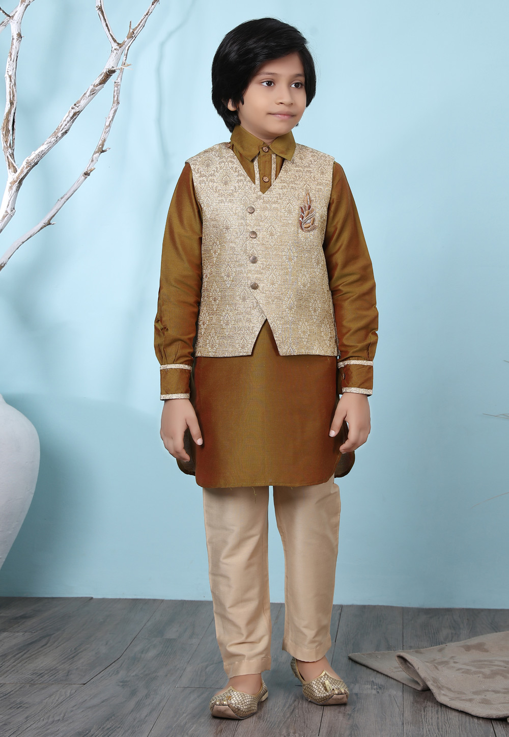 Brown Cotton Silk Kids Kurta Pajama With Jacket 234444