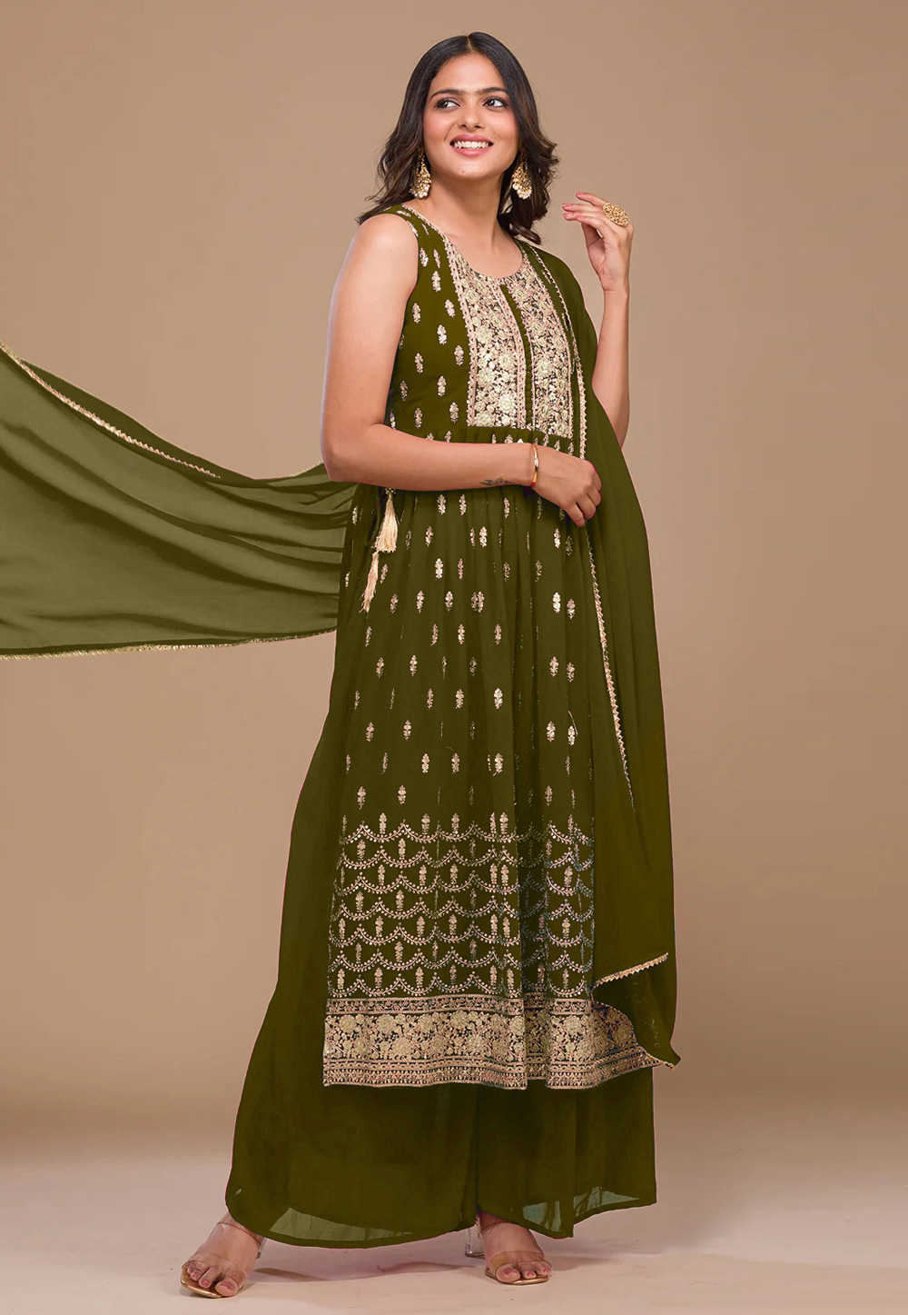 Mehndi Georgette Readymade Palazzo Suit 272075