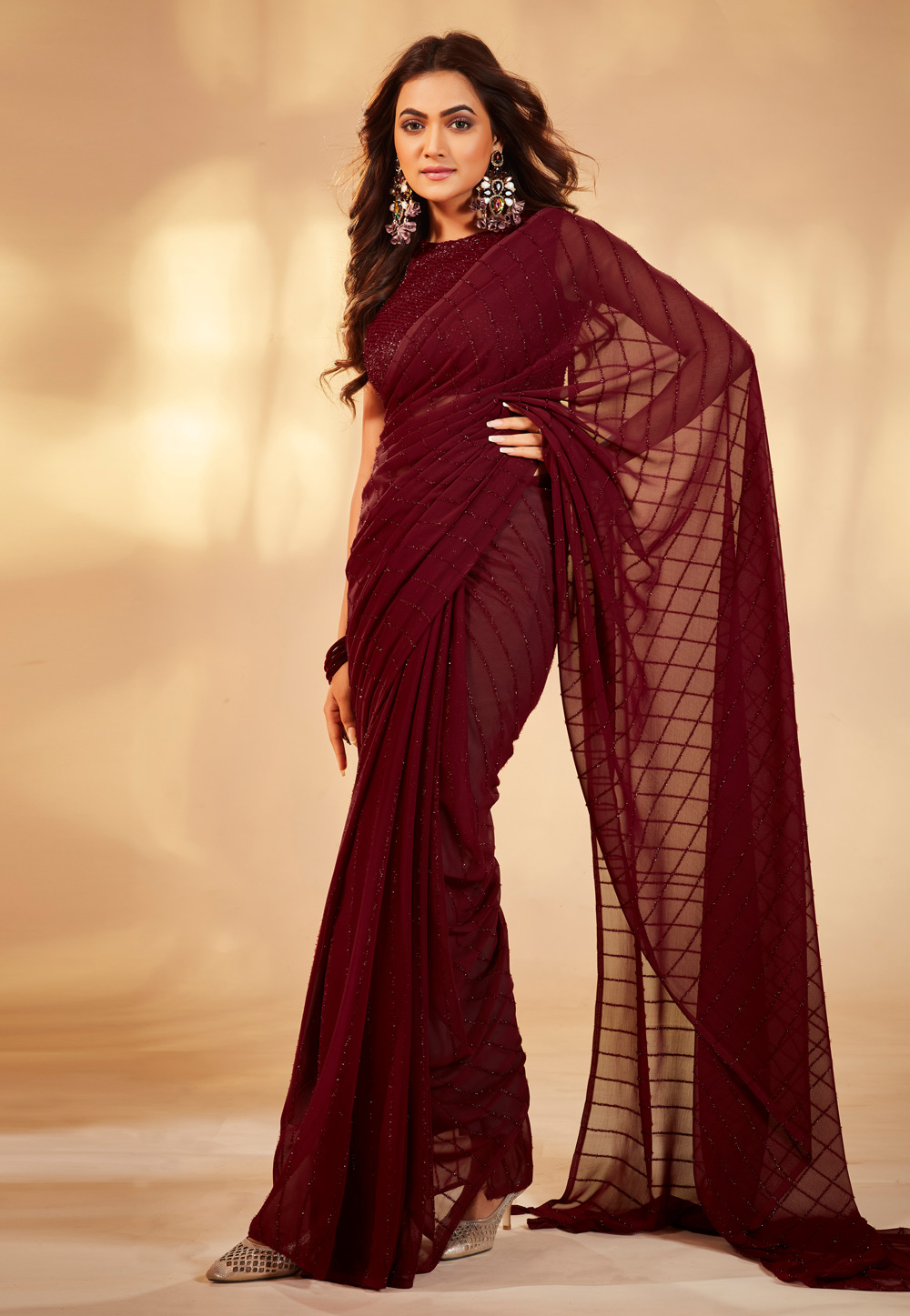 Buy Maroon Jewelled Neck Pre-drape Saree Dress Online - Shop for W