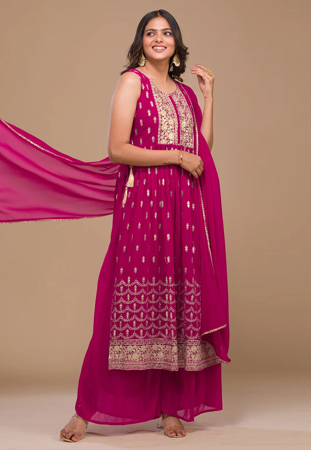 Magenta Georgette Readymade Palazzo Suit 272071