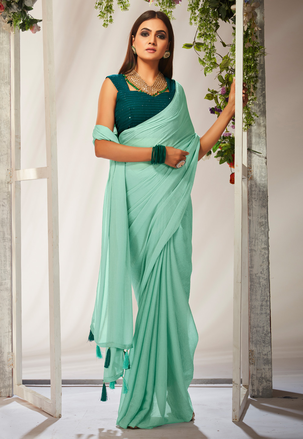 Mint Green Plain Ready to Wear Silk Saree WITH BLOUSE - WHITE FIRE - 3844634