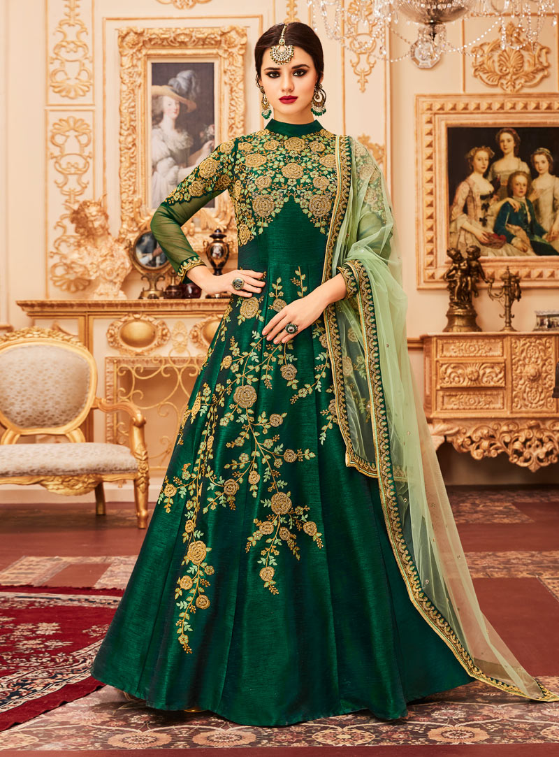 Green Silk Readymade Floor Length Anarkali Suit 124351