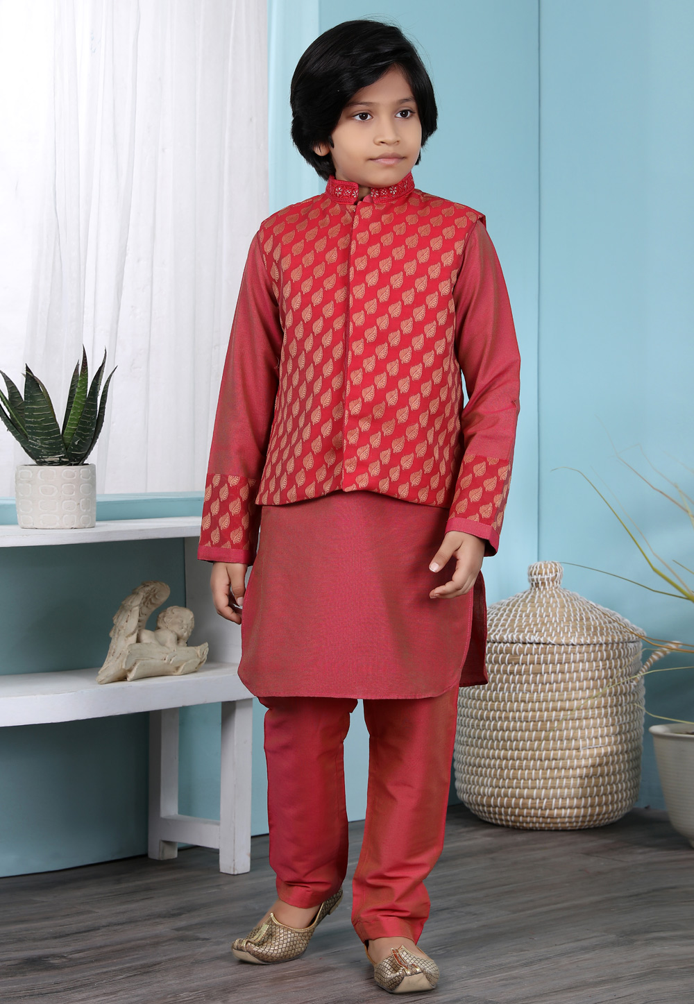 Red Cotton Silk Kids Kurta Pajama With Jacket 234446
