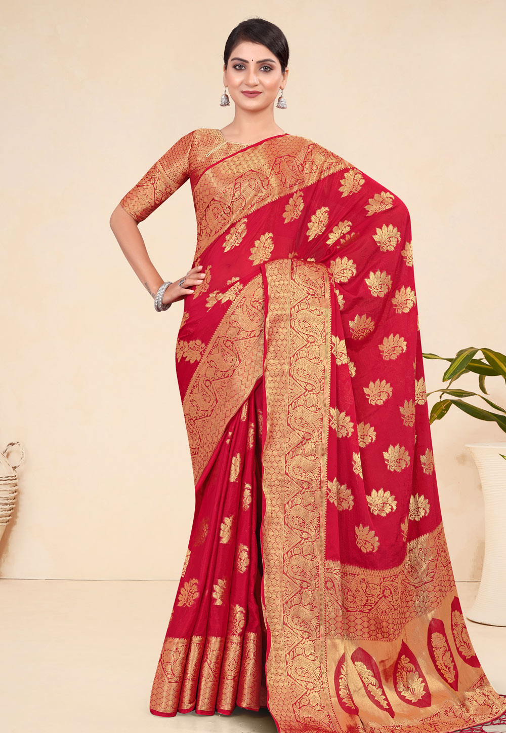 Red Viscose Saree With Blouse 272455