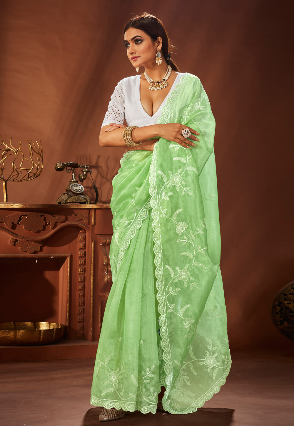 Light Green Organza Saree with Floral Design – Keya Seth Exclusive