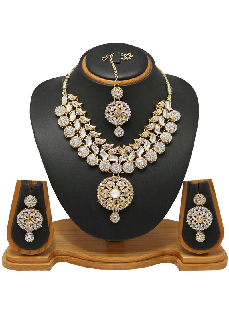 White Alloy Austrian Diamonds Necklace With Earrings and Maang Tikka 66014