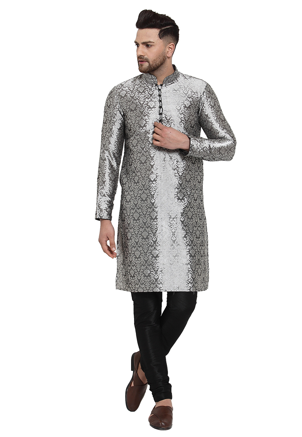 Grey Banarasi Jacquard Kurta Pajama 218437