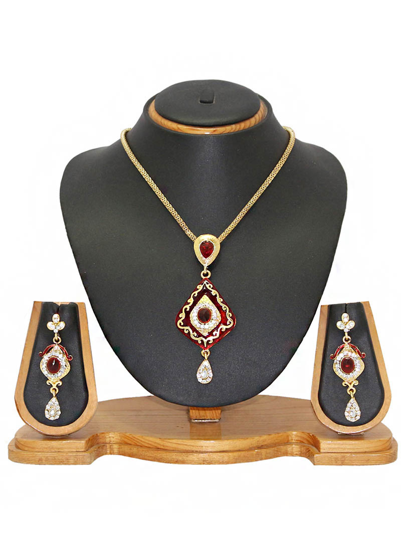 Maroon Zinc Austrian Diamonds Necklace With Earrings 66035