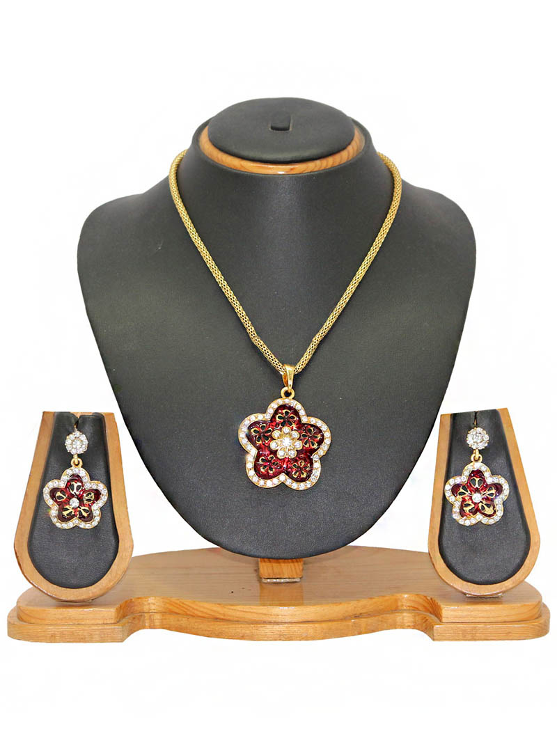 Maroon Zinc Austrian Diamonds Necklace With Earrings 66039