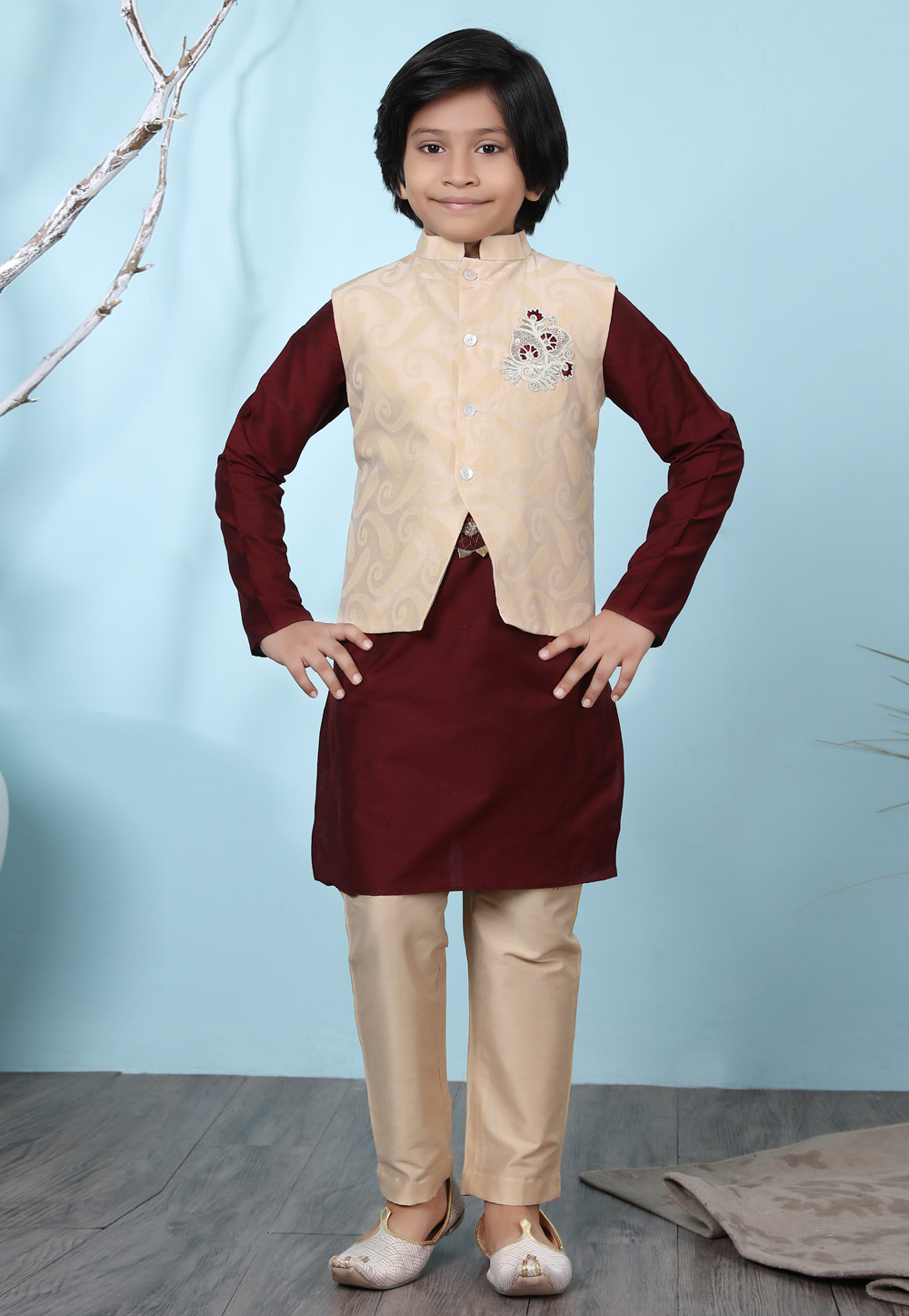 Maroon Cotton Silk Kids Kurta Pajama With Jacket 234450